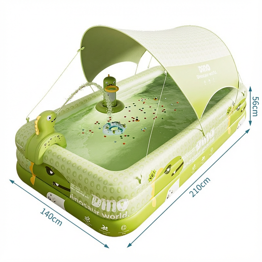 Inflatable Swimming Pool 210×140×56cm with Canopy & Dinosaur Spray – Kids Outdoor Water Play Set for Backyard, Garden, Summer Fun (Green)