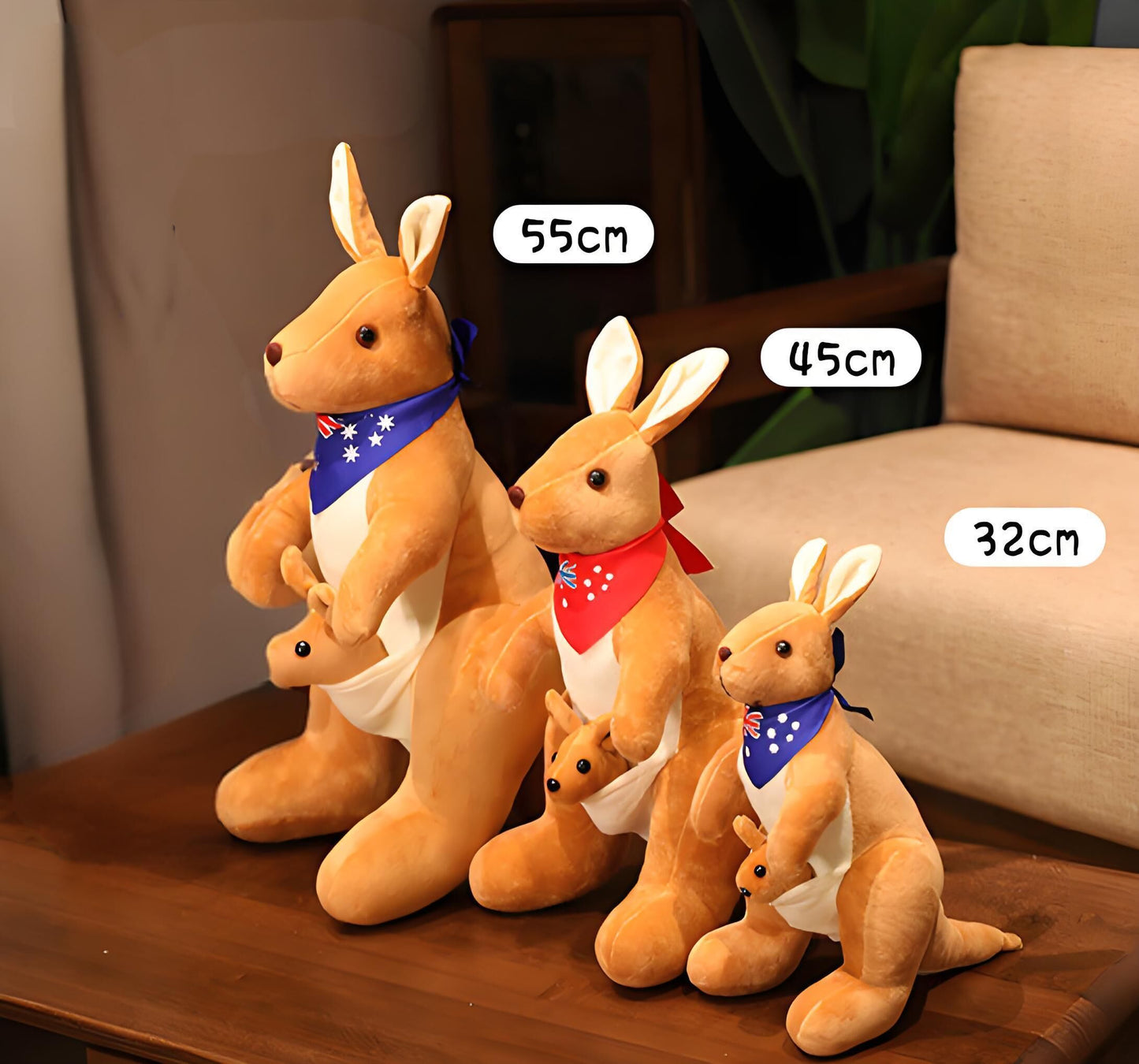 Kangaroo Stuffed Animal with Joey in Pouch & Australia Scarf - Soft Cuddly Plush Toy(45cm, light brown
)| Other Colors Available in Store