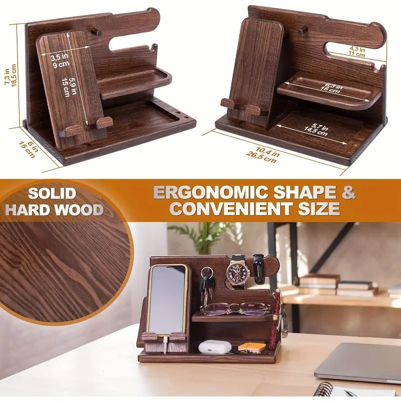 Wooden Desk Organizer & Phone Docking Station – Walnut Finish