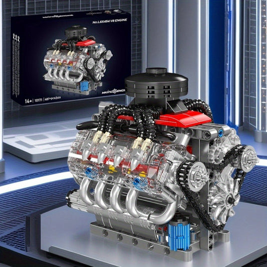 V8 Engine Simulation Model Blocks – Motorized Technical Building Set (487+ Pieces)
