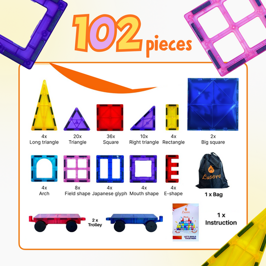 102-Piece Magnetic Tiles Building Set with 2 Magnetic Cars – STEM Montessori Educational Toy for Kids 3+