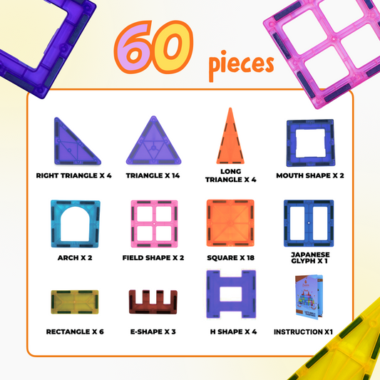 60-Piece Magnetic Tiles Building Set – STEM Montessori Educational Toy for Kids 3+