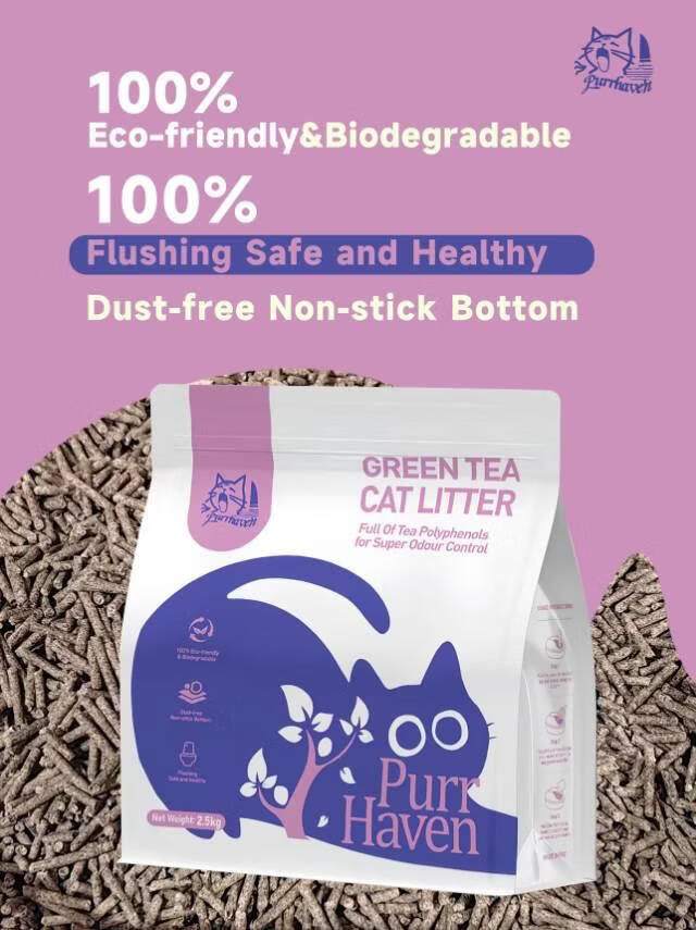Purr Haven Green Tea Natural Cat Litter – Plant-Based, Flushable & Odor-Control | 2.5kg Pack (6 Packs / 10 Carton)