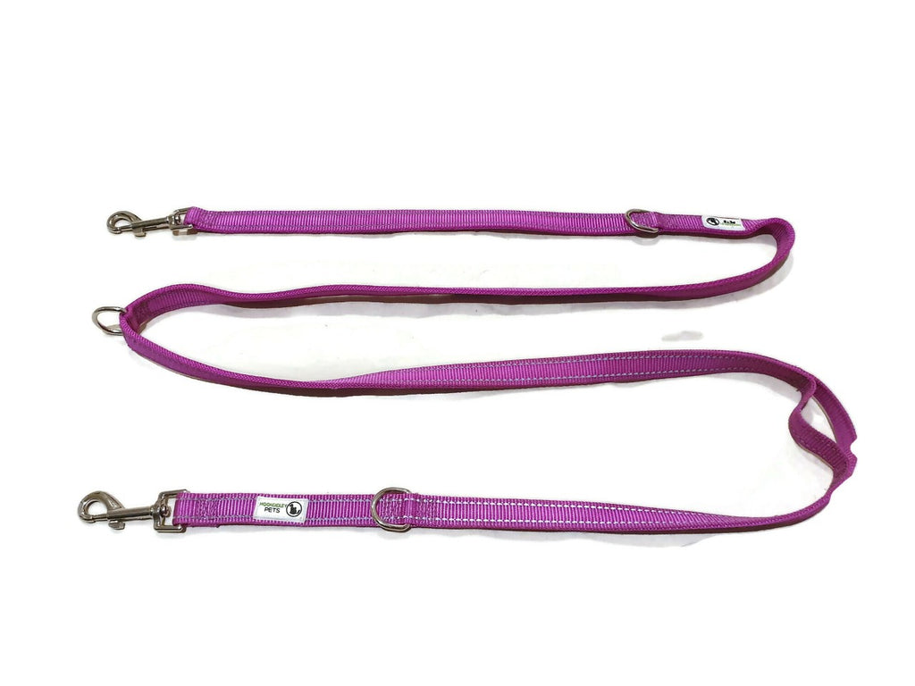 Moondidley Pets Multi Dog Lead – 25mm Reflective Nylon Double Clip Leash with Coupler, Waist Belt & Quick-Tie – Purple