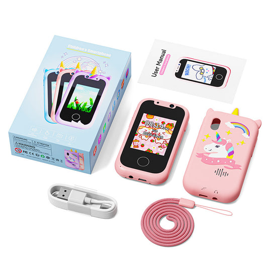 Kids Unicorn Smart Phone Toy with Dual Camera and IPS Touch Screen Educational Games MP3 Music Player 512MB Card Included Blue Silicone Case Ideal for Girls Gift
