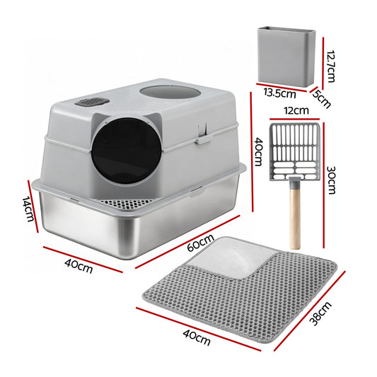 i.Pet Large Stainless Steel Cat Litter Box – High-Sided Odour Control Tray with Mat & Scoop (60cm)