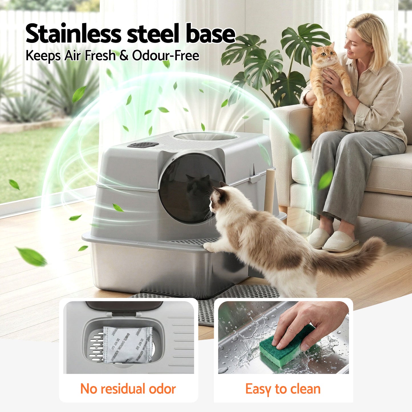 i.Pet Large Stainless Steel Cat Litter Box – High-Sided Odour Control Tray with Mat & Scoop (60cm)