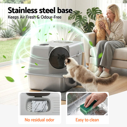 i.Pet Large Stainless Steel Cat Litter Box – High-Sided Odour Control Tray with Mat & Scoop (60cm)