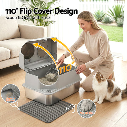 i.Pet Large Stainless Steel Cat Litter Box – High-Sided Odour Control Tray with Mat & Scoop (60cm)