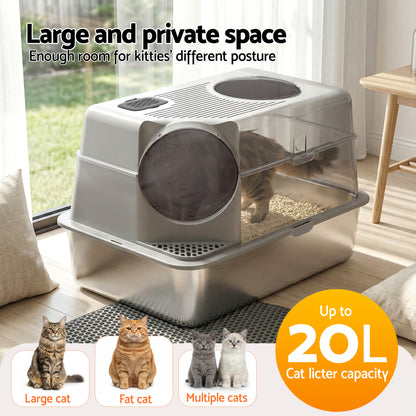 i.Pet Large Stainless Steel Cat Litter Box – High-Sided Odour Control Tray with Mat & Scoop (60cm)