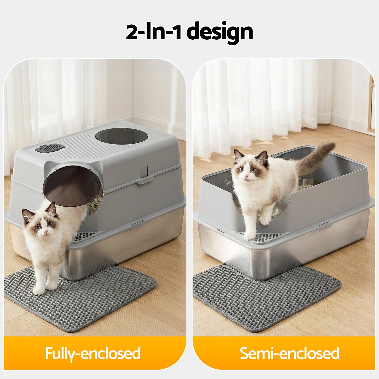 i.Pet Large Stainless Steel Cat Litter Box – High-Sided Odour Control Tray with Mat & Scoop (60cm)