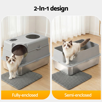 i.Pet Large Stainless Steel Cat Litter Box – High-Sided Odour Control Tray with Mat & Scoop (60cm)