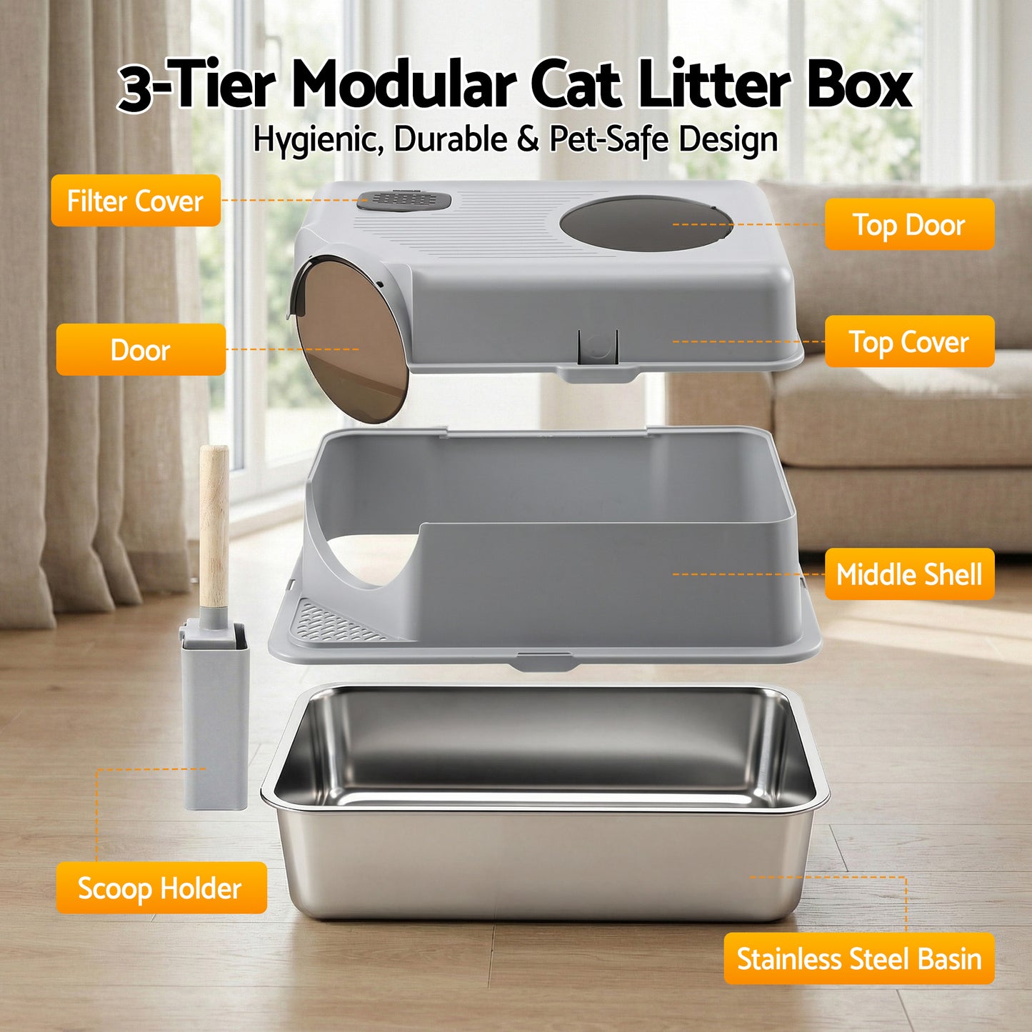 i.Pet Large Stainless Steel Cat Litter Box – High-Sided Odour Control Tray with Mat & Scoop (60cm)