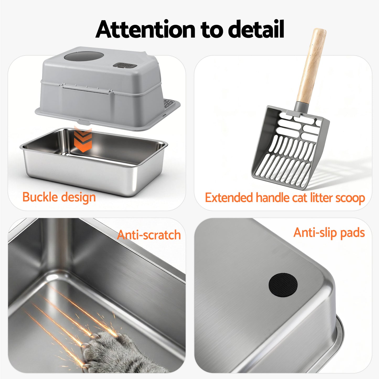 i.Pet Large Stainless Steel Cat Litter Box – High-Sided Odour Control Tray with Mat & Scoop (60cm)