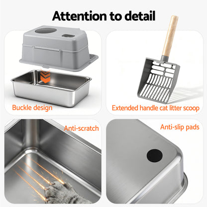 i.Pet Large Stainless Steel Cat Litter Box – High-Sided Odour Control Tray with Mat & Scoop (60cm)