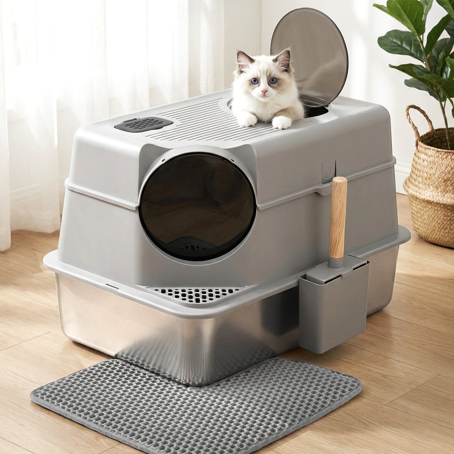 i.Pet Large Stainless Steel Cat Litter Box – High-Sided Odour Control Tray with Mat & Scoop (60cm)