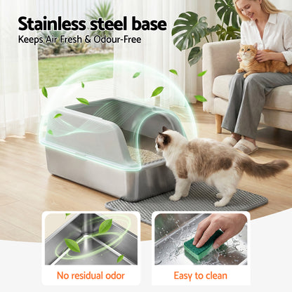 i.Pet Stainless Steel Semi-Enclosed Cat Litter Box – Large High-Sided Odour Control Tray (60cm)