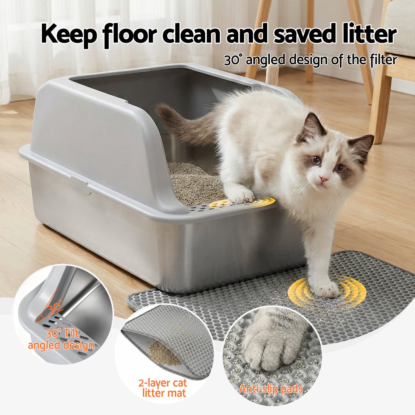 i.Pet Stainless Steel Semi-Enclosed Cat Litter Box – Large High-Sided Odour Control Tray (60cm)