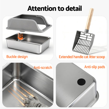 i.Pet Stainless Steel Semi-Enclosed Cat Litter Box – Large High-Sided Odour Control Tray (60cm)