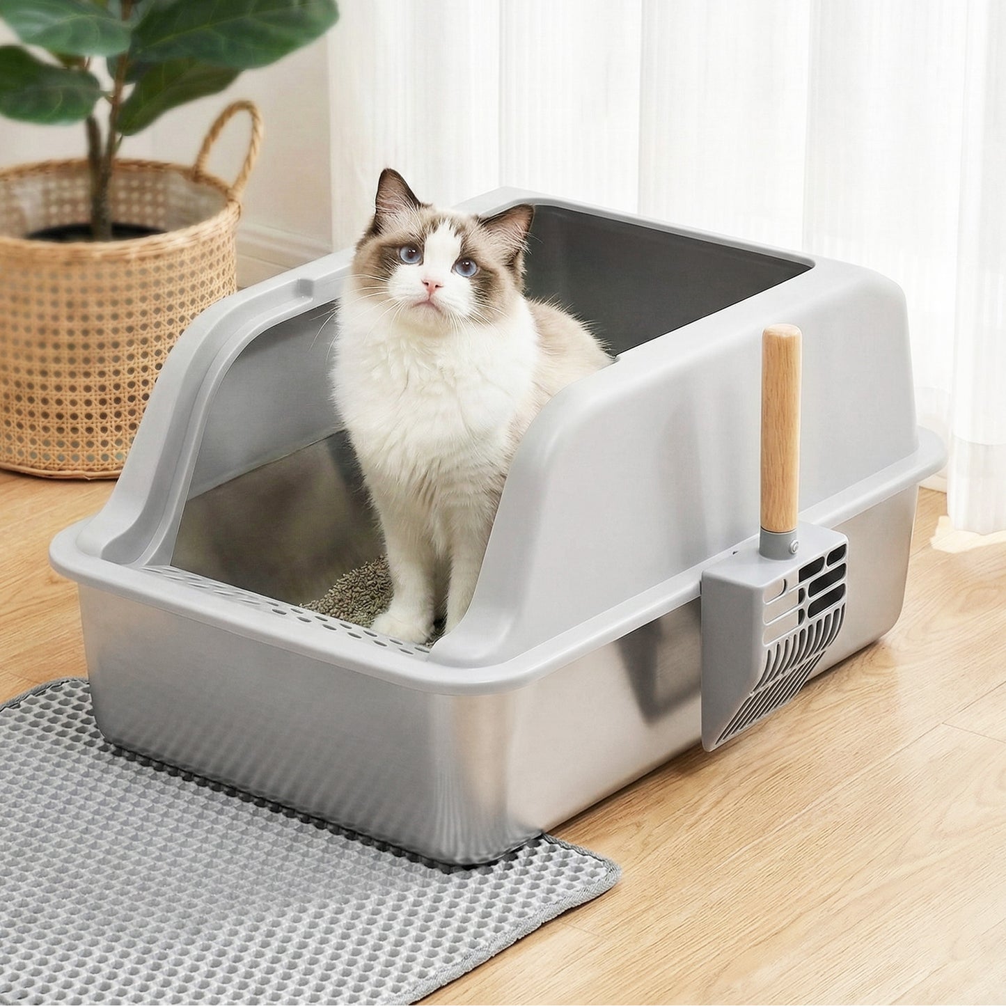 i.Pet Stainless Steel Semi-Enclosed Cat Litter Box – Large High-Sided Odour Control Tray (60cm)