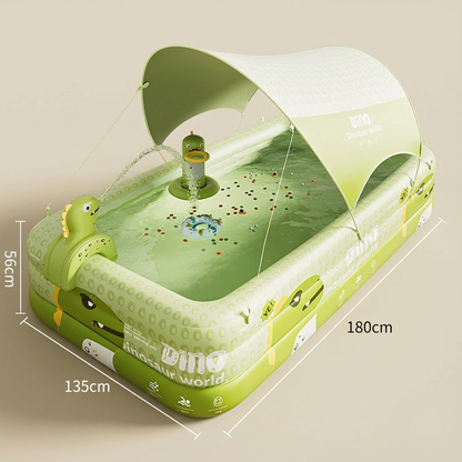 Inflatable Swimming Pool 180×130×56cm with Canopy & Dinosaur Spray – Kids Outdoor Water Play Set for Backyard, Garden, Summer Fun (Green)