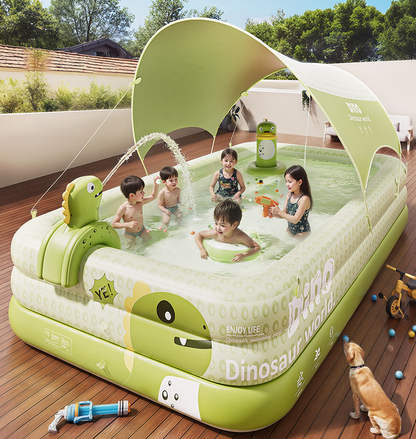 Inflatable Swimming Pool 180×130×56cm with Canopy & Dinosaur Spray – Kids Outdoor Water Play Set for Backyard, Garden, Summer Fun (Green)