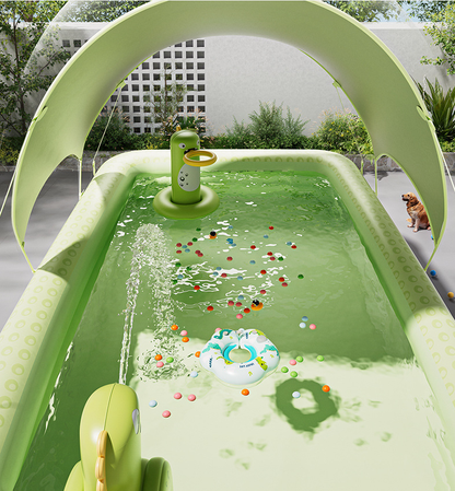 Inflatable Swimming Pool 210×140×56cm with Canopy & Dinosaur Spray – Kids Outdoor Water Play Set for Backyard, Garden, Summer Fun (Green)