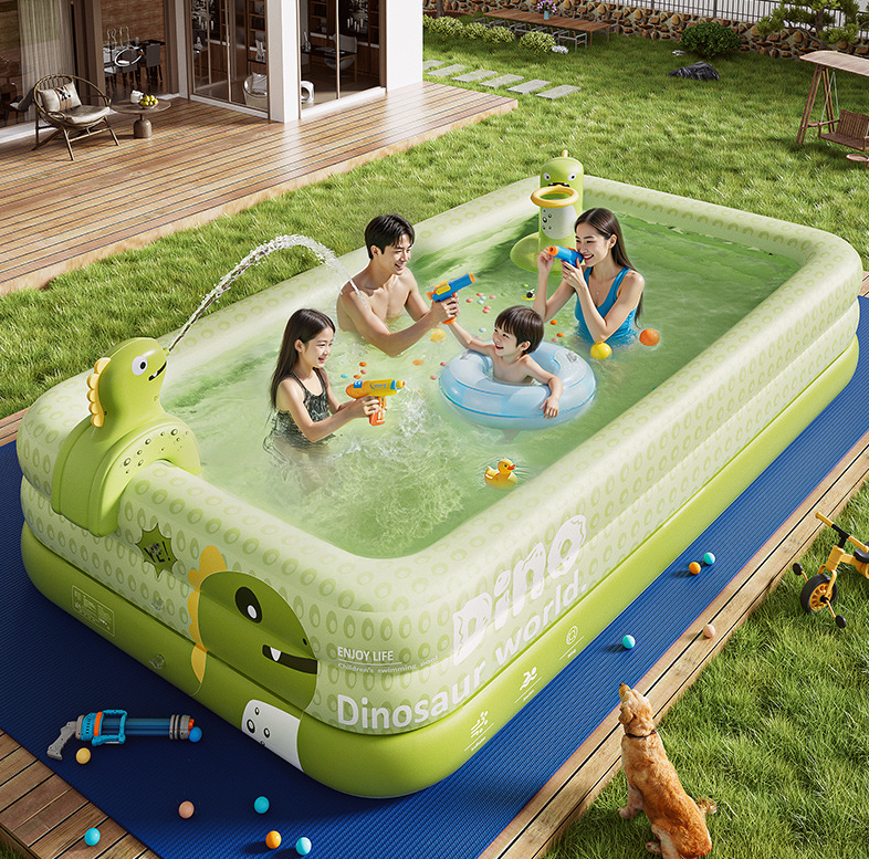 Inflatable Swimming Pool 210×140×56cm with Canopy & Dinosaur Spray – Kids Outdoor Water Play Set for Backyard, Garden, Summer Fun (Green)