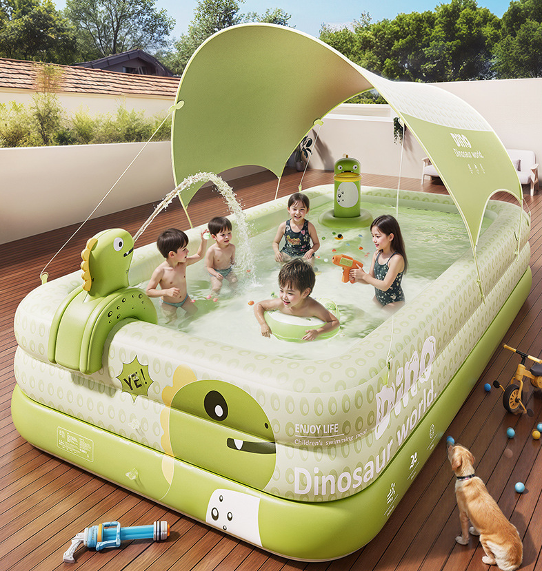 Inflatable Swimming Pool 210×140×56cm with Canopy & Dinosaur Spray – Kids Outdoor Water Play Set for Backyard, Garden, Summer Fun (Green)