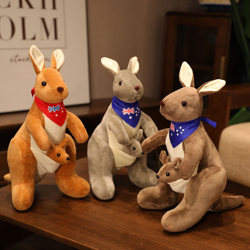 Kangaroo Stuffed Animal with Joey in Pouch & Australia Scarf - Soft Cuddly Plush Toy(32cm, light grey)| Other Colors Available in Store