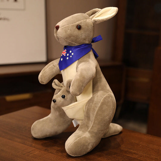 Kangaroo Stuffed Animal with Joey in Pouch & Australia Scarf - Soft Cuddly Plush Toy(55cm, light grey)| Other Colors Available in Store