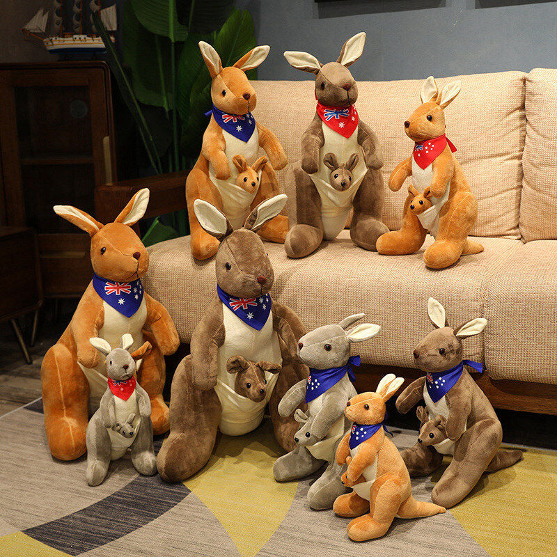 Kangaroo Stuffed Animal with Joey in Pouch & Australia Scarf - Soft Cuddly Plush Toy(32cm,light brown
)| Other Colors Available in Store