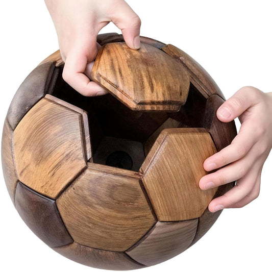 Handcrafted Wooden Football Puzzle – 3D Mortise & Tenon Soccer Ball (Solid Teak & Walnut, 22cm)