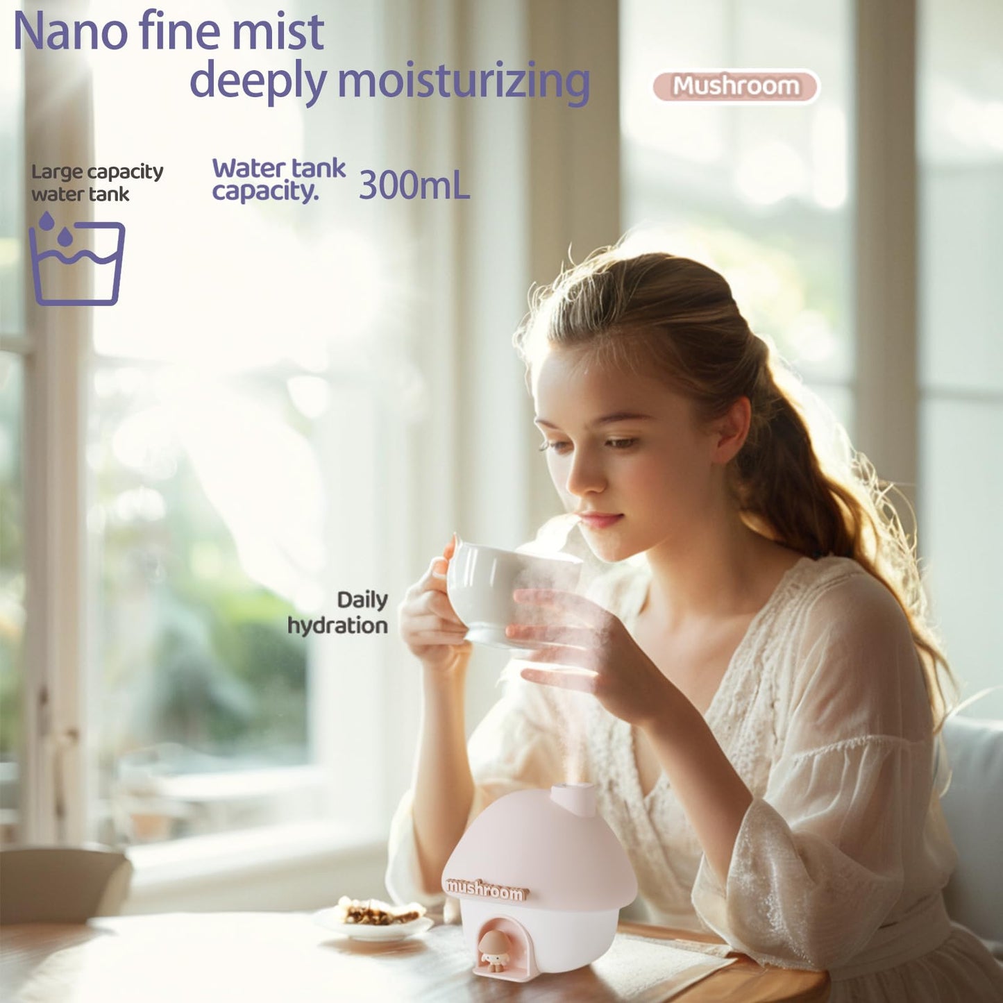 Portable Mushroom Humidifier with 7 Color Sunset Light, USB Rechargeable Mini Air Moisturizer for Desk, Bedroom, Travel, Baby Room – Silent & Cute Design Use(Pink)