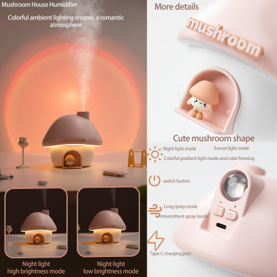Portable Mushroom Humidifier with 7 Color Sunset Light, USB Rechargeable Mini Air Moisturizer for Desk, Bedroom, Travel, Baby Room – Silent & Cute Design Use(Blue)