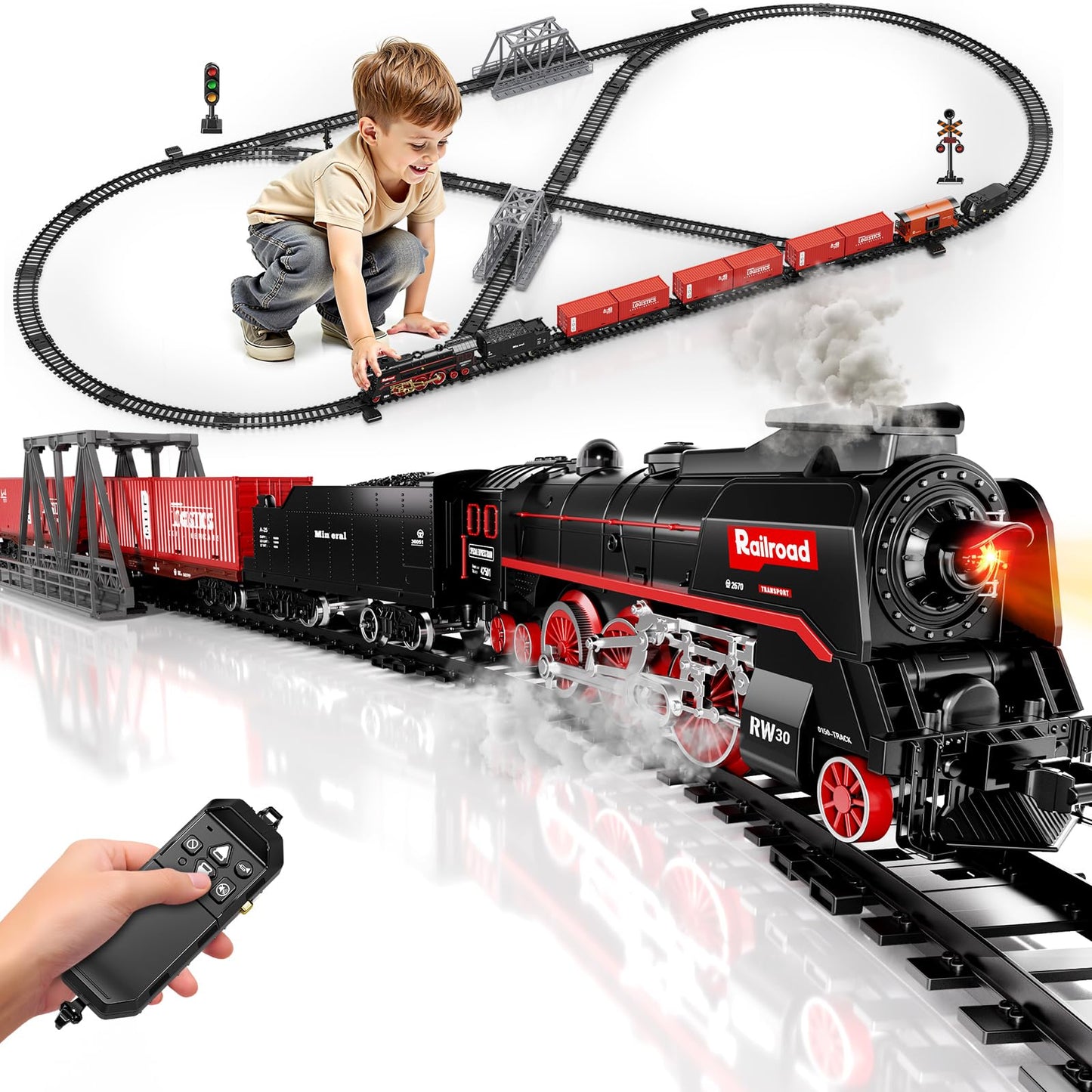 Remote Control Steam Train Set – 3-Way Smoke Locomotive with 117PCS Track, Lights & Sound | Rechargeable Model Train (Black)