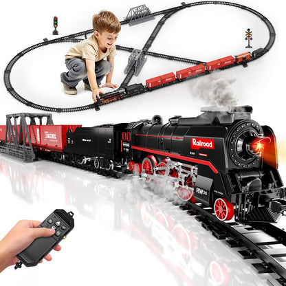 Remote Control Steam Train Set – 3-Way Smoke Locomotive with 117PCS Track, Lights & Sound | Rechargeable Model Train (Black)