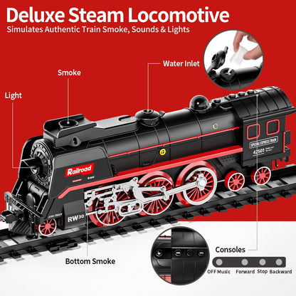 Remote Control Steam Train Set – 3-Way Smoke Locomotive with 117PCS Track, Lights & Sound | Rechargeable Model Train (Black)
