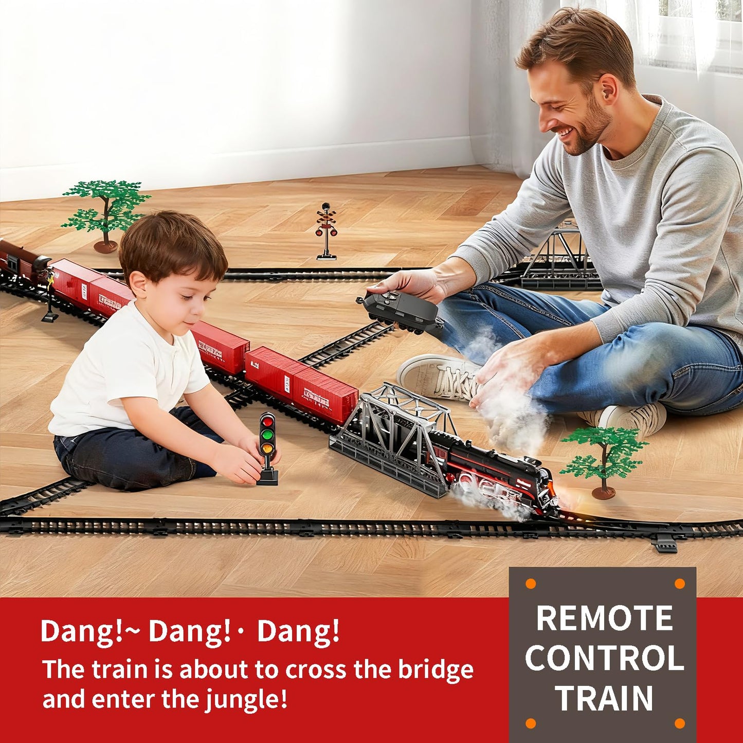 Remote Control Steam Train Set – 3-Way Smoke Locomotive with 117PCS Track, Lights & Sound | Rechargeable Model Train (Black)