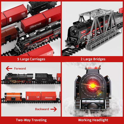 Remote Control Steam Train Set – 3-Way Smoke Locomotive with 117PCS Track, Lights & Sound | Rechargeable Model Train (Black)