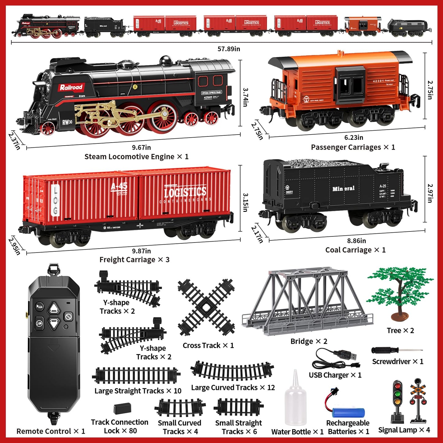Remote Control Steam Train Set – 3-Way Smoke Locomotive with 117PCS Track, Lights & Sound | Rechargeable Model Train (Black)