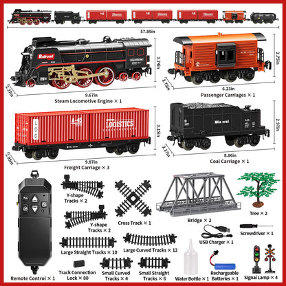 Remote Control Steam Train Set – 3-Way Smoke Locomotive with 117PCS Track, Lights & Sound | Rechargeable Model Train (Black)