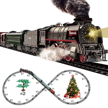 Electric Steam Train Set for Kids – Realistic Smoke, Lights & Sound | Christmas Train with Glowing Carriages & Rechargeable Battery (Black)