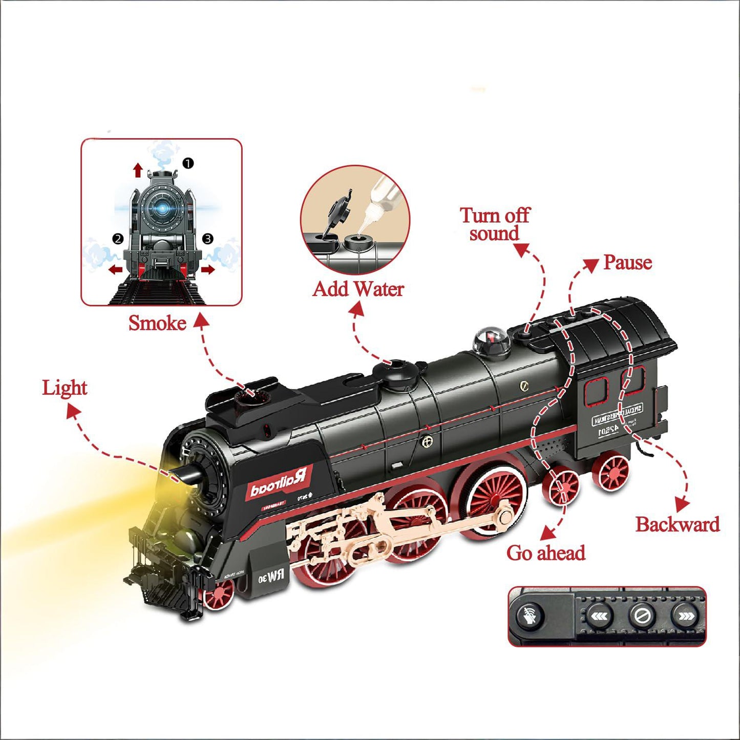 Electric Steam Train Set for Kids – Realistic Smoke, Lights & Sound | Christmas Train with Glowing Carriages & Rechargeable Battery (Black)