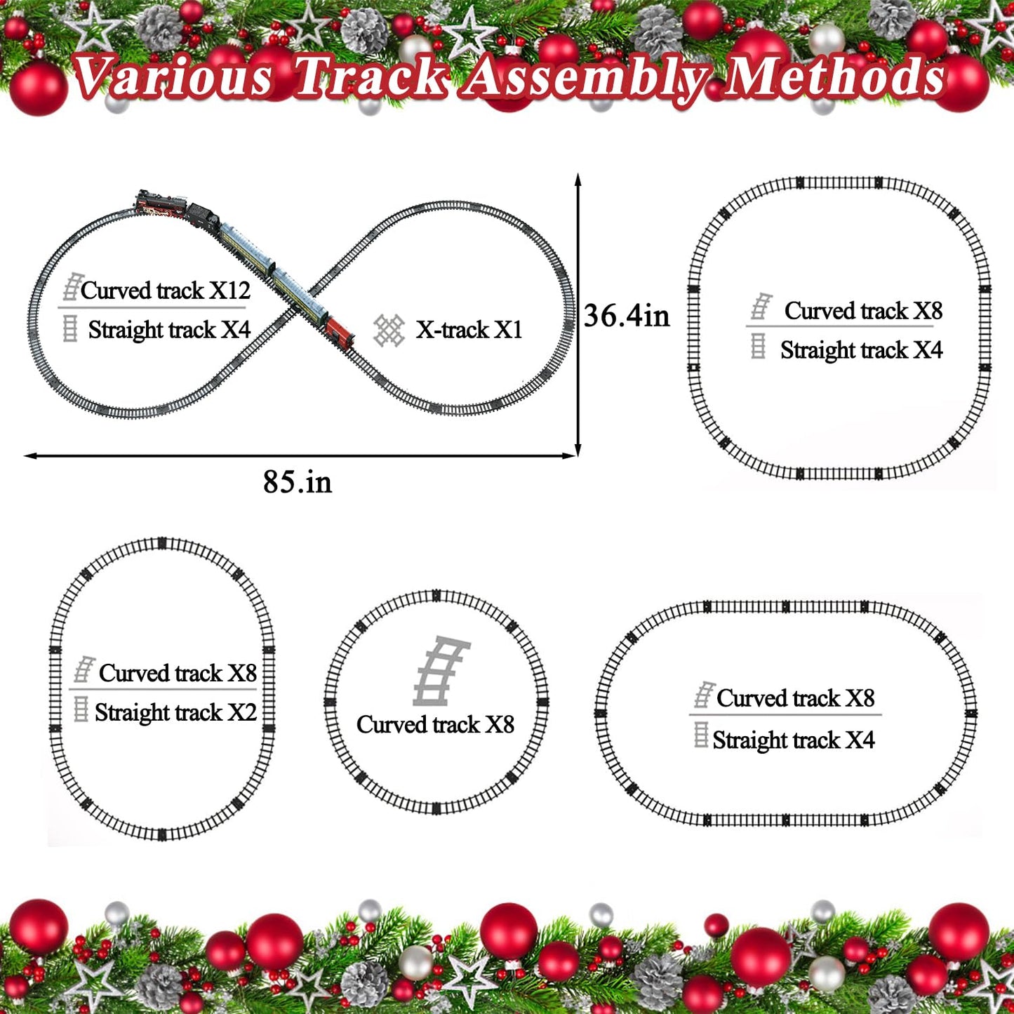 Electric Steam Train Set for Kids – Realistic Smoke, Lights & Sound | Christmas Train with Glowing Carriages & Rechargeable Battery (Black)