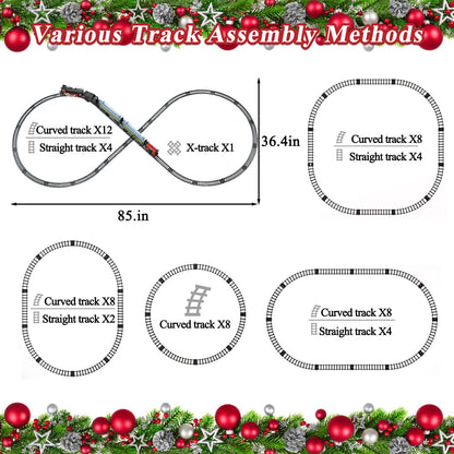 Electric Steam Train Set for Kids – Realistic Smoke, Lights & Sound | Christmas Train with Glowing Carriages & Rechargeable Battery (Black)