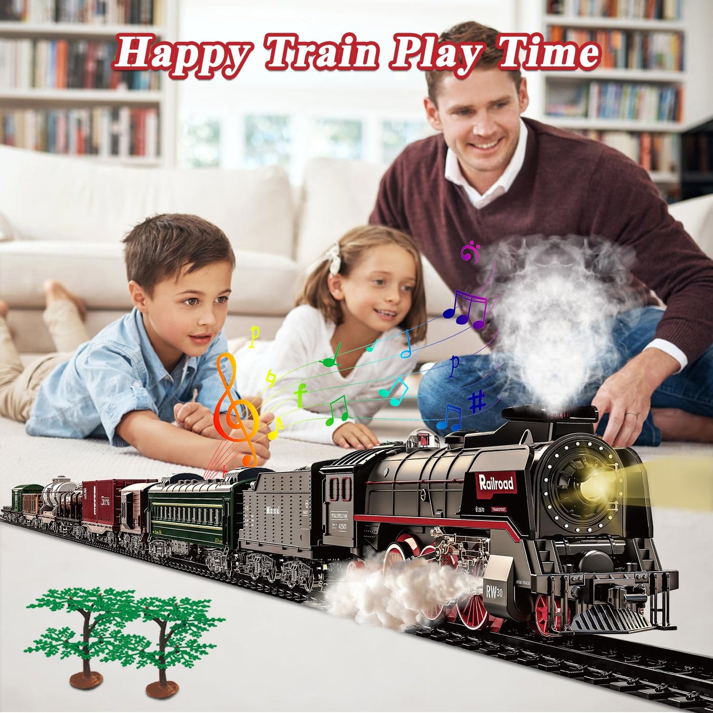 Electric Steam Train Set for Kids – Realistic Smoke, Lights & Sound | Christmas Train with Glowing Carriages & Rechargeable Battery (Black)