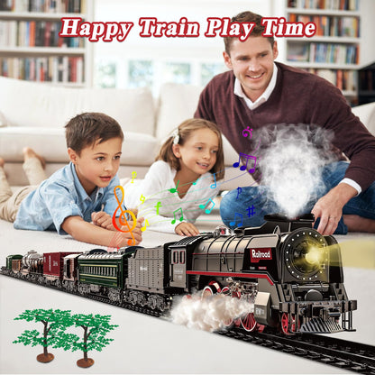 Electric Steam Train Set for Kids – Realistic Smoke, Lights & Sound | Christmas Train with Glowing Carriages & Rechargeable Battery (Black)