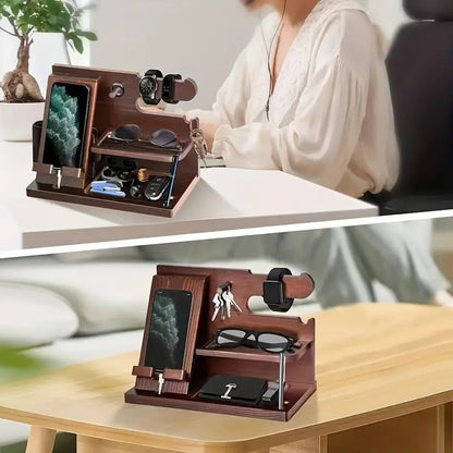 Wooden Desk Organizer & Phone Docking Station – Walnut Finish