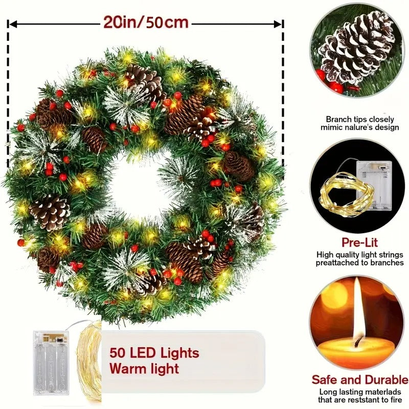 Christmas Wreath – Pre-Lit Pine Cone LED Decoration (50cm)